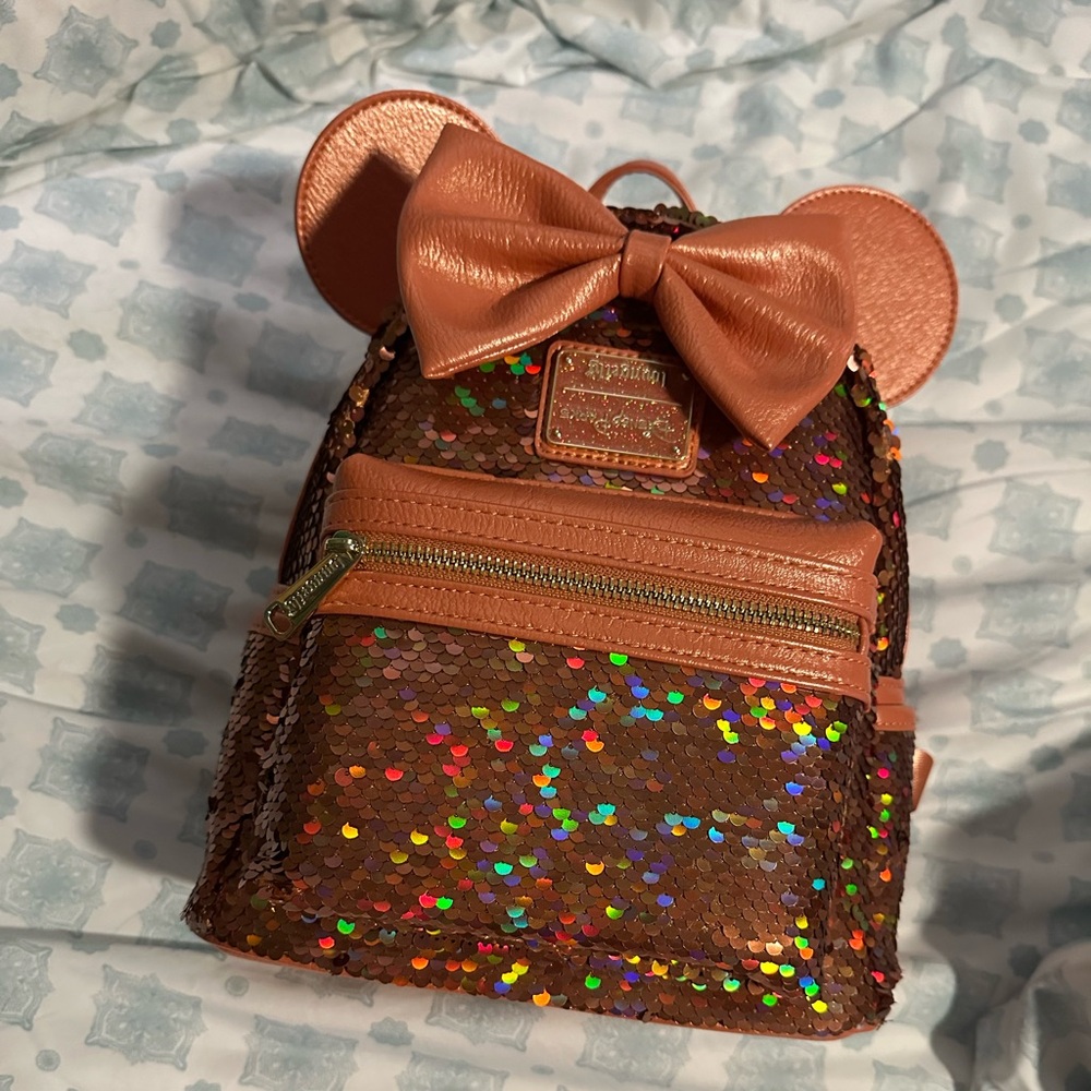 Loungefly Disney Parks Peach Punch Minnie Mouse Orange Sequin Backpack New